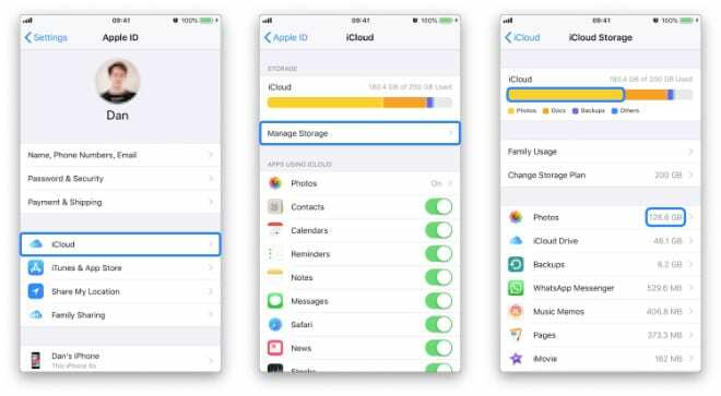 Tres capturas de pantalla que muestran un iPhone navegando a la pantalla de iCloud Manage Storage