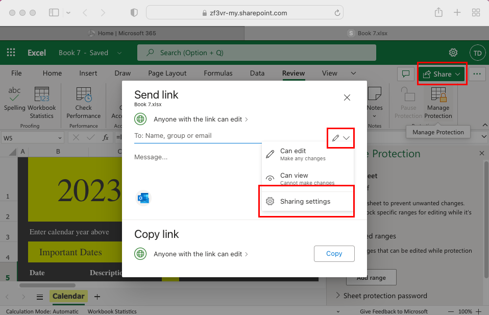 วิธีเข้าถึงการตั้งค่าการแชร์บนเว็บแอป Excel