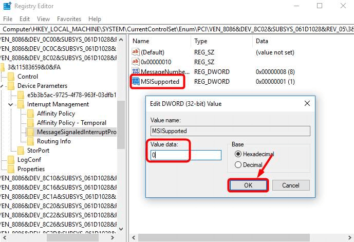 Desativando MSI para o controlador por meio do registro