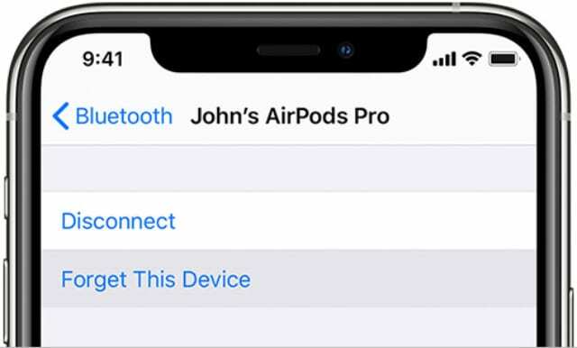 iPhone Bluetooth-instellingen met optie om dit apparaat te vergeten voor AirPods Pro