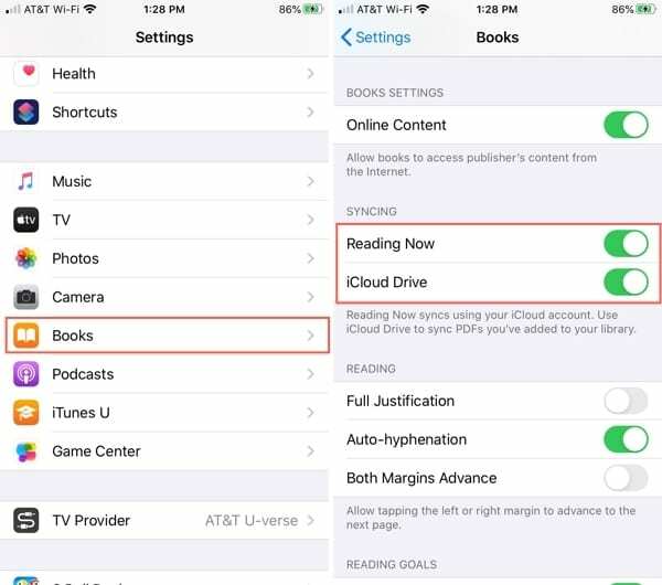 Paramètres pour la synchronisation des livres sur iPhone