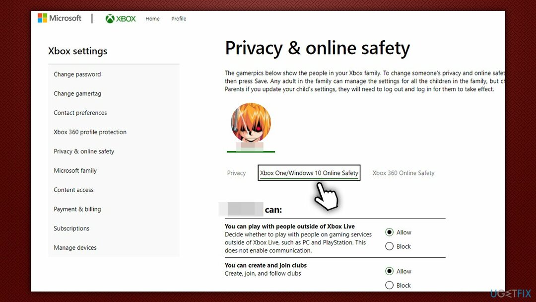 Sicurezza online di Xbox Windows 10