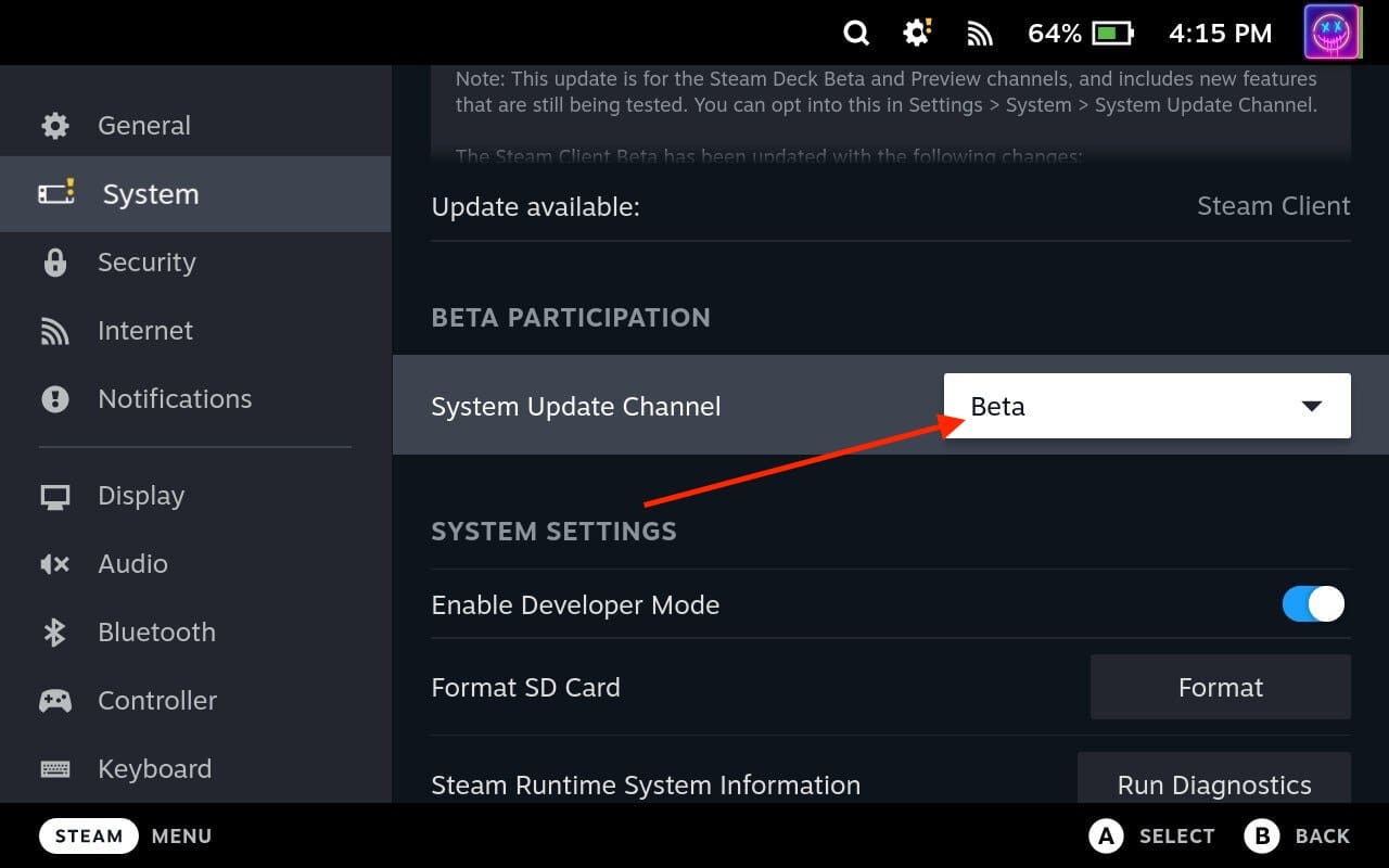 Steam Deck updaten - Selecteer Beta
