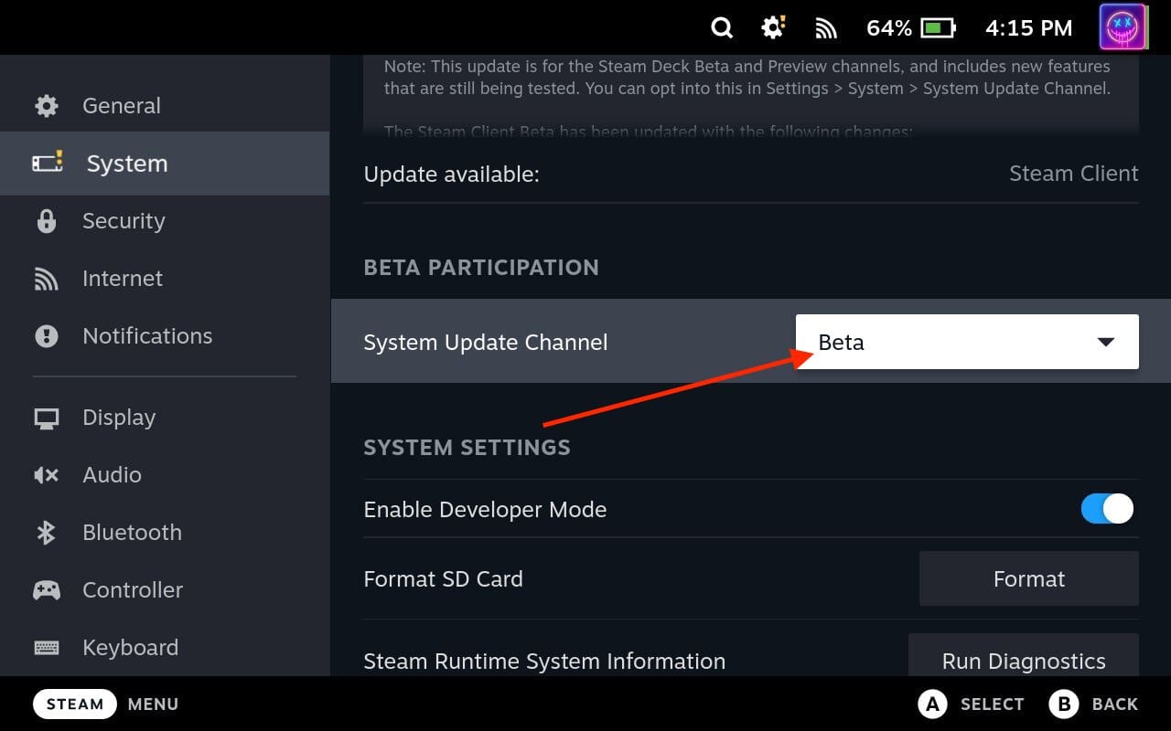 Como atualizar o Steam Deck - Selecione Beta