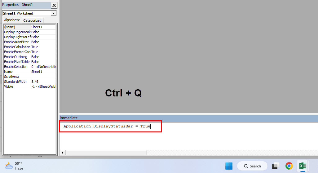 Executando o código VBA da barra de status do Excel