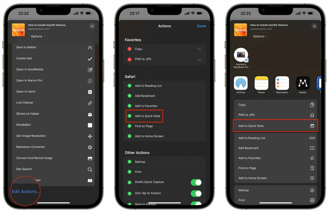 Como usar o Quick Note no iPhone - Adicionar ação de planilha de compartilhamento