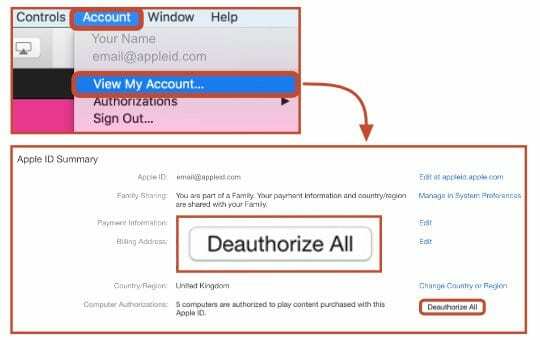 Στιγμιότυπο οθόνης λογαριασμού iTunes που δείχνει πώς να καταργήσετε την εξουσιοδότηση όλων των υπολογιστών