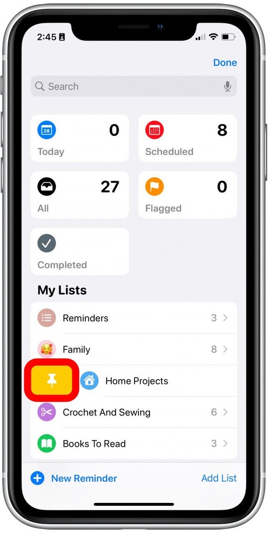 Atau, Anda menggesek sedikit ke kanan, dan tekan pin push kuning untuk menyematkan daftar ke atas.