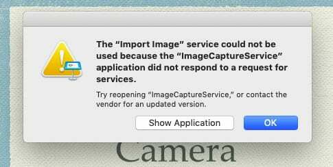 MacOS पर निरंतरता छवि कैप्चर सेवा विफल