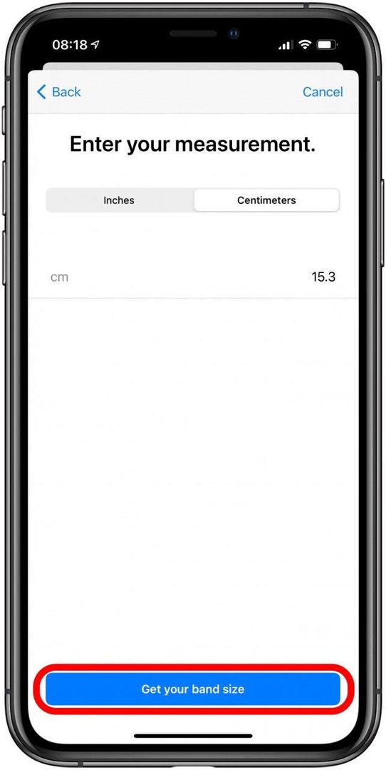 अपना बैंड आकार प्राप्त करें टैप करें।