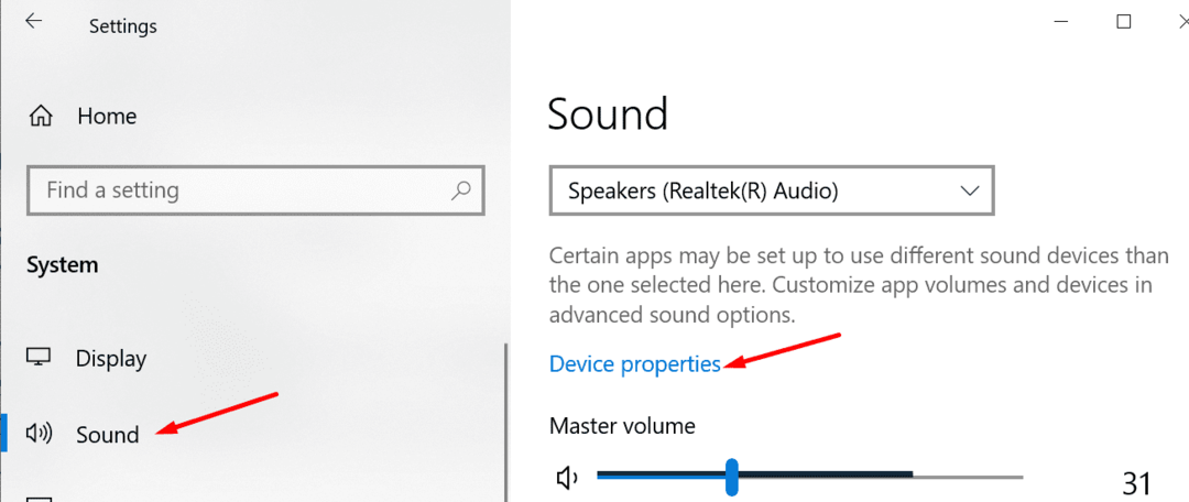 ხმის მოწყობილობის თვისებები Windows 10