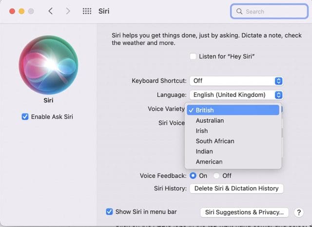 screenshot che mostra la varietà vocale su mac