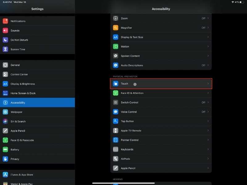 Отворете Touch Settings от Достъпност