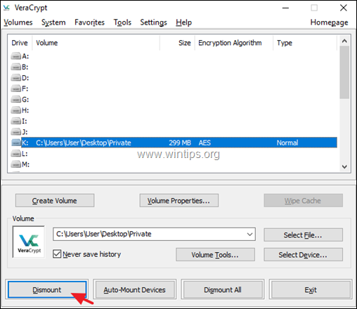 демонтирайте тома на veracrypt