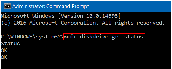 wmic diskdrive get status ბრძანება