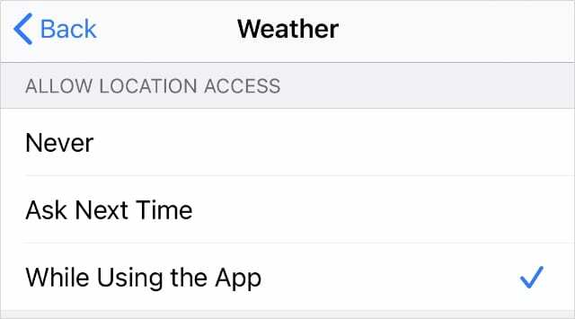 Bei Verwendung der App-Einstellungen in den Wetter-Ortsdiensten
