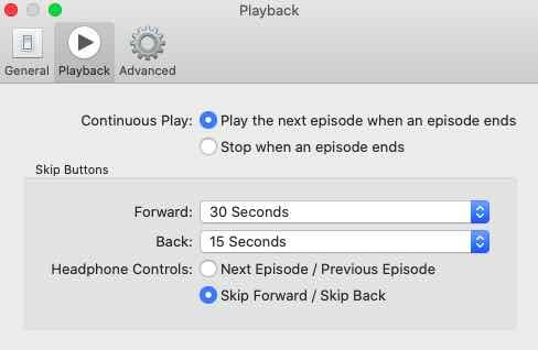 Configurações de reprodução no aplicativo Podcasts macOS Catalina