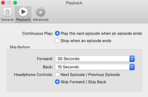 Настройки воспроизведения в приложении подкасты macOS Catalina