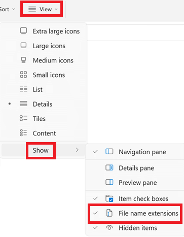 Anzeigen und klicken Sie auf Dateinamenerweiterungen