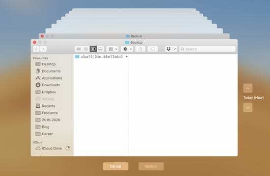 Time Machine iTunes बैकअप फ़ाइलों के पुराने संस्करण दिखाती है।