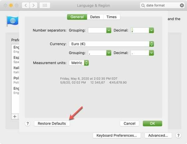 Valodas reģions Advanced Restore Defaults-Mac