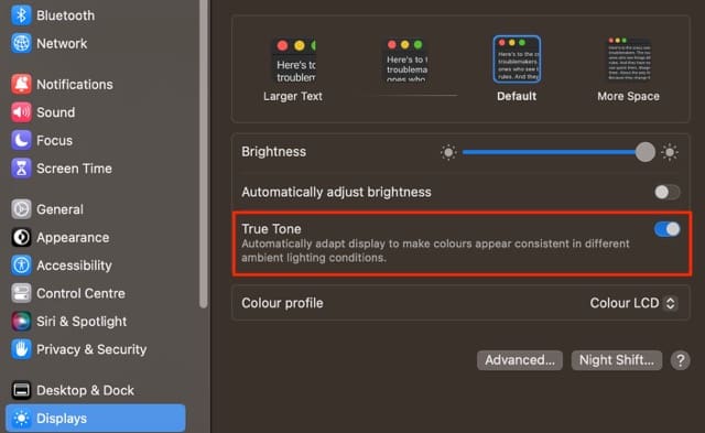 Posnetek zaslona, ​​ki prikazuje funkcijo True Tone v sistemu macOS