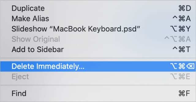 Finder File menüsündeki Hemen Sil seçeneği