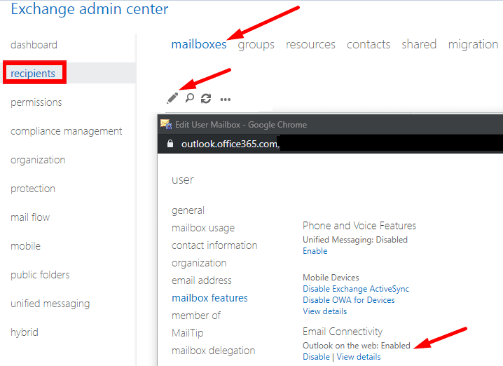 omogućite Outlook na webu EAC