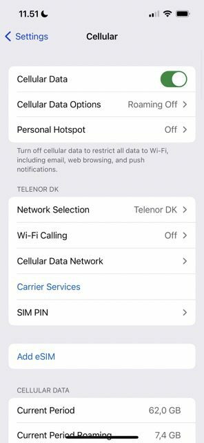 Capture d'écran montrant les paramètres de cellule dans iOS