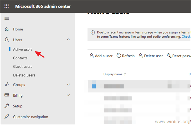 Interfaccia di amministrazione di Office 365