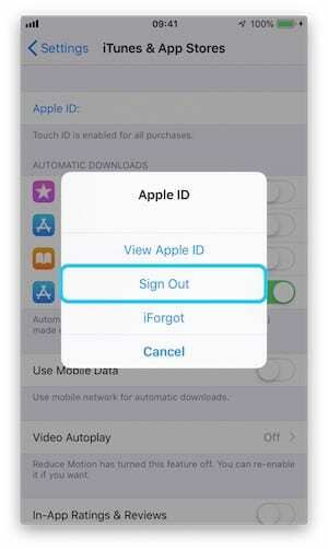 Captura de tela da opção Sair nas configurações da App Store do iPhone