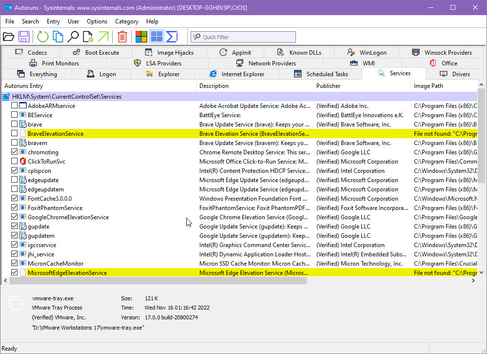 Tjänster Kategoriposter på Autoruns för Windows