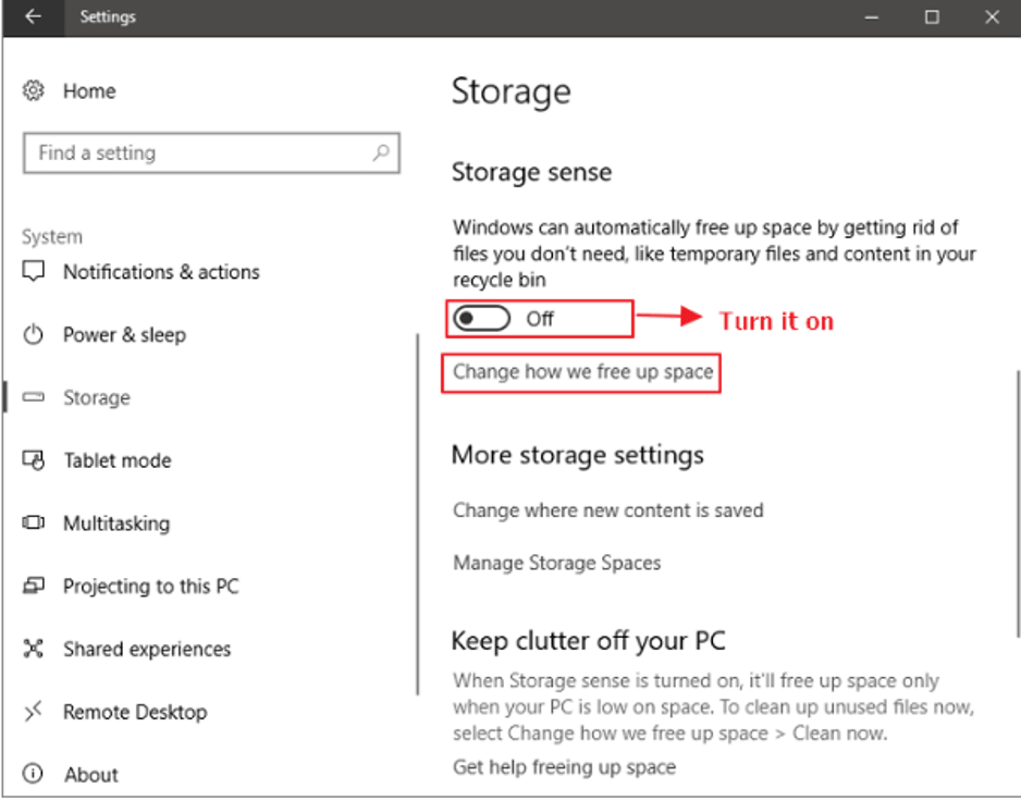 Įjunkite „Storage Sense“.