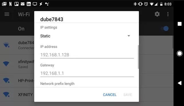 Android의 IP 주소를 DHCP에서 Static으로 설정