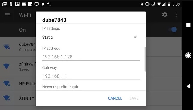 Задайте IP адреса на вашия Android от DHCP на статичен