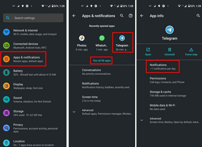 Telegrama de configurações do Android