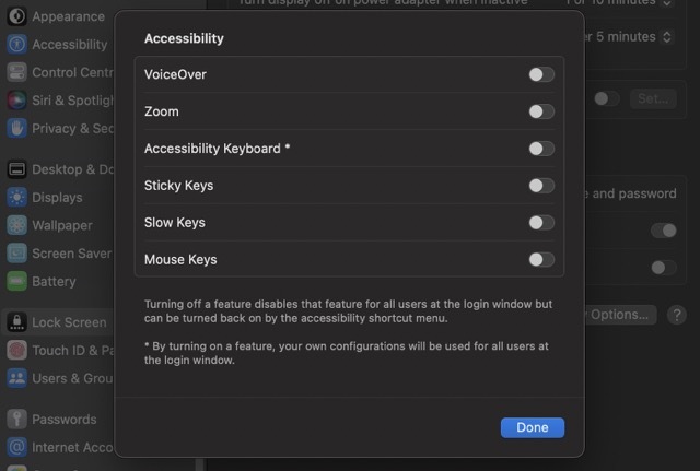 Snímka obrazovky zobrazujúca rôzne možnosti uzamknutia obrazovky pre macOS