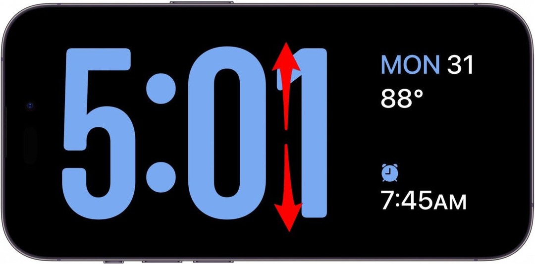 위쪽 또는 아래쪽을 가리키는 빨간색 화살표가 있는 iPhone 대기 시계 화면은 위 또는 아래로 쓸어넘기기를 나타냅니다.