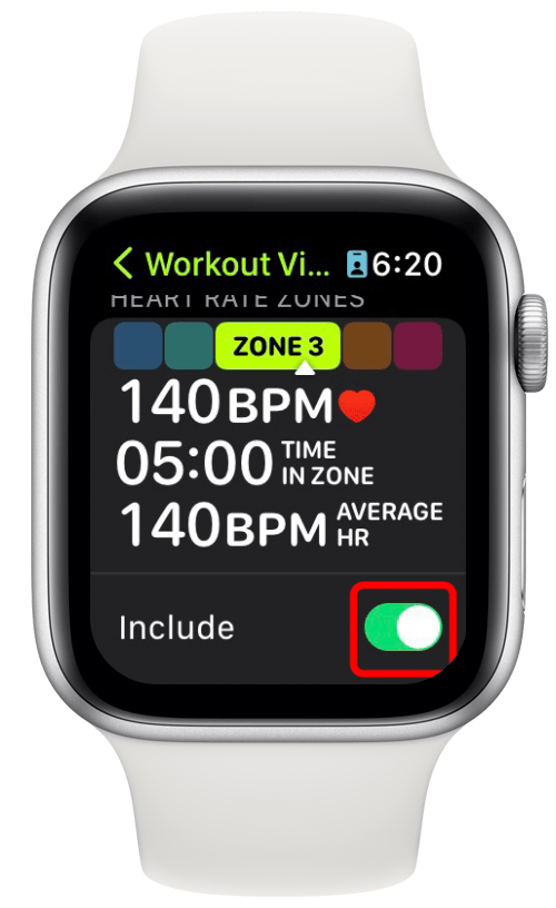 Posuňte zobrazenie nadol na Zóny srdcovej frekvencie a zapnite možnosť Zahrnúť. Po aktivácii bude zelená.