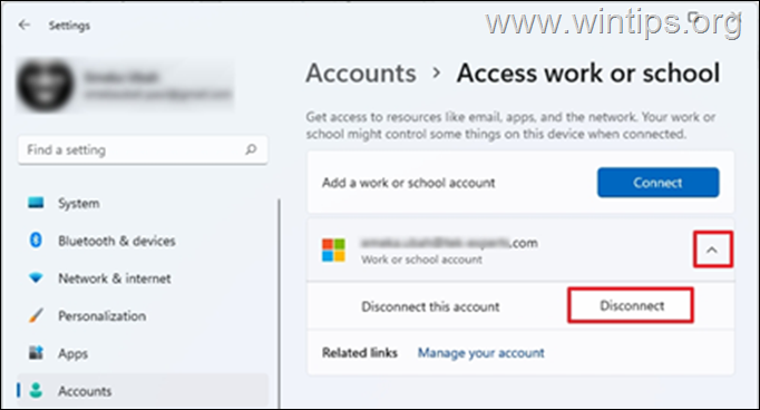 Usuń konto Microsoft z „Dostęp do pracy lub szkoły”
