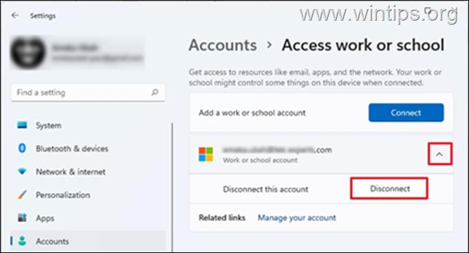 Távolítsa el a Microsoft-fiókot az „Access Work or School” alkalmazásból