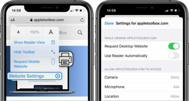 Función de configuración del sitio web en Safari en iOS 13