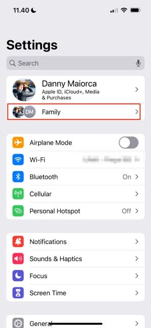 Виберіть налаштування сімейного доступу в iOS