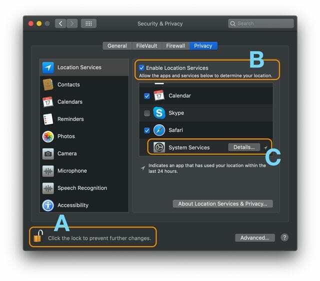 activar los servicios de ubicación en Mac para el sistema