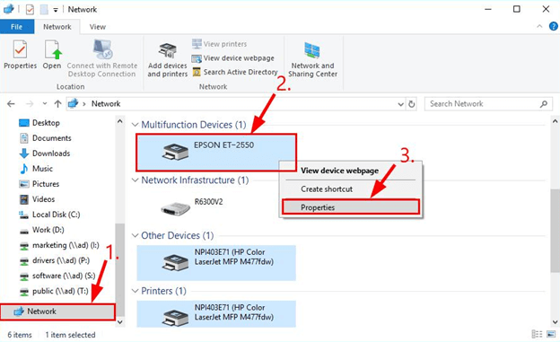 Epson डिवाइस जिसे आप कॉन्फ़िगर करना चाहते हैं और गुणों का चयन करें