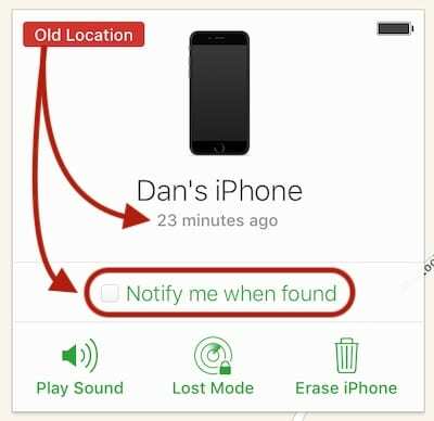 Régi hely a Find My iPhone alkalmazásban az utolsó frissítési idővel és a talált értesítési lehetőséggel.