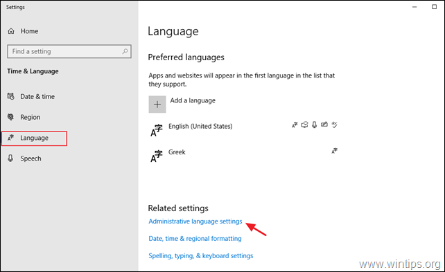 Configurações de idioma administrativo - Windows 10