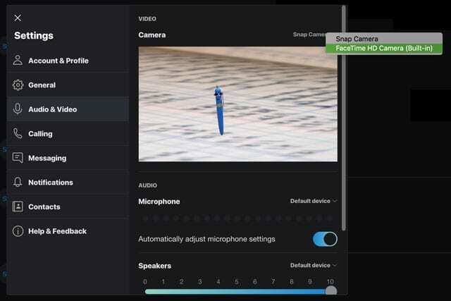 Nastavitve in možnosti kamere Skype na Macu