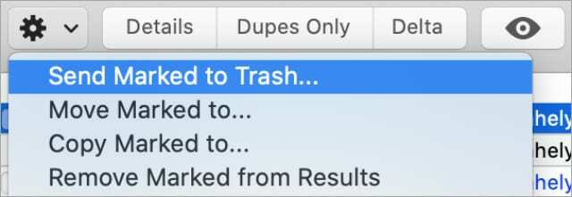 dupeGuru. में Cog ऑप्शन से मार्क टू ट्रैश विकल्प भेजें