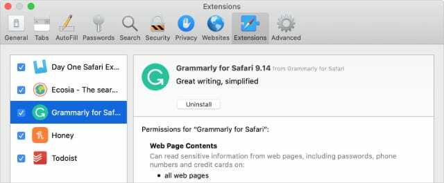 Preferencias de las extensiones de Safari con el botón Desinstalar para Grammarly